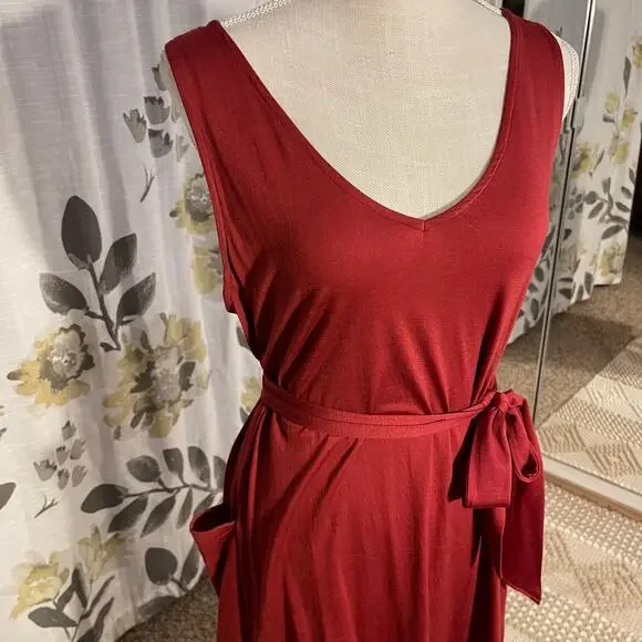 Reversible Wool& Summer Red Sleeveless Midi Dress with Pockets Belt, size large - Picture 6 of 13